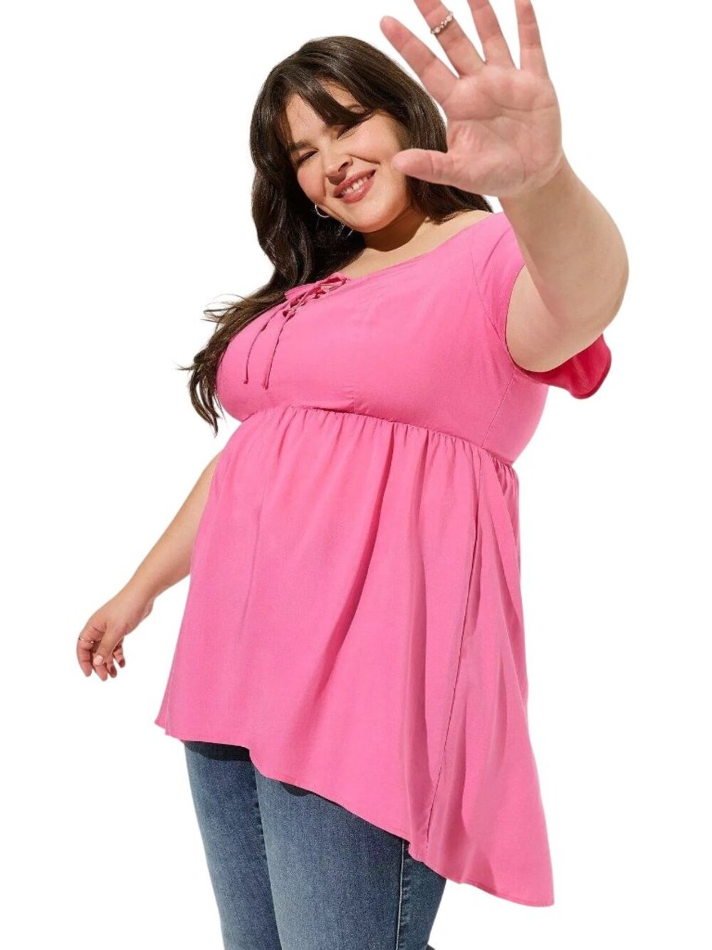 Torrid Babydoll Top Plus Size 2X Challis Lace Up Hi Low Short Sleeve Pink NEW